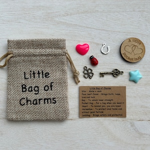 May include: A small burlap bag with the text "Little Bag of Charms" embroidered on it. The bag is filled with small charms, including a star, a four-leaf clover, a key, a horseshoe, a ladybug, and a heart. A card with the text "Little Bag of Charms" and descriptions of each charm is next to the bag.