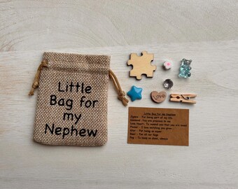 Little Bag for my Nephew, Symbolic Charms, Birthday Gift, Keepsake, Token Gift