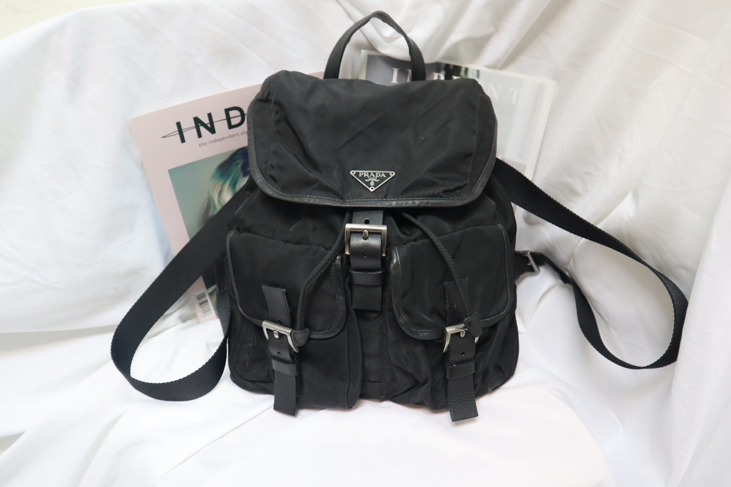 Authentic New Prada Black Nylon Small Backpack with Gold Hardware 1BZ677