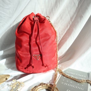 Authentic Prada Nylon Tessuto Small Bucket Drawstring Bag ,Prada Red, Authentic Prada, Prada Mini Bag, Prada Hobo , Prada nylon