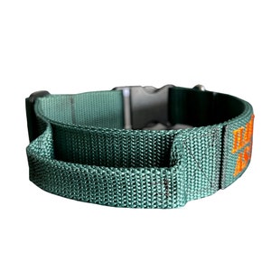 Puede incluir: Un collar de perro verde con una hebilla negra y texto bordado en naranja que dice "Doggy Adventure".
