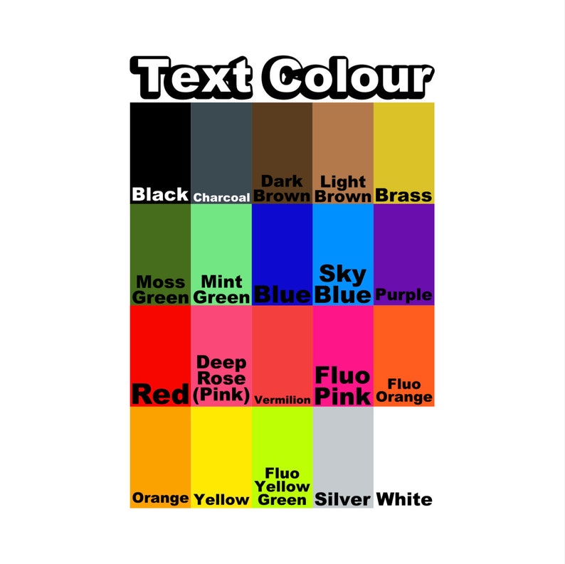 Puede incluir: Un gr&aacute;fico que muestra diferentes colores de texto, incluyendo negro, carb&oacute;n, marr&oacute;n oscuro, marr&oacute;n claro, lat&oacute;n, verde musgo, verde menta, azul, azul cielo, morado, rojo, rosa intenso, bermell&oacute;n, rosa fluorescente, naranja fluorescente, naranja, amarillo, verde amarillo fluorescente, plata y blanco.