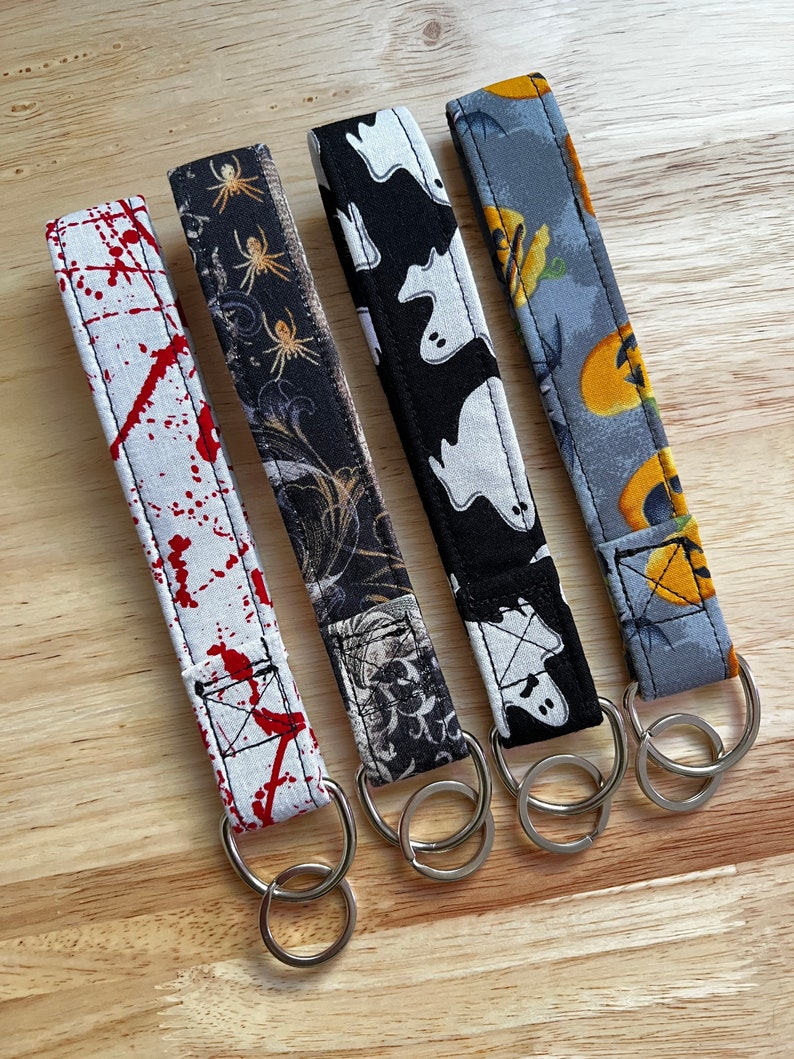 Halloween Wristlet Keychain, Fabric Key Fob, Pumpkins Bats Ghosts Blood ...