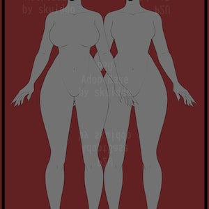 May include: A digital art base featuring two stylized female figures in a gray color palette. One figure has pointed ears. The text "P2U AdoptBase by skuiddo" is visible. The background is a dark red.