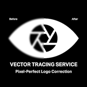 Puede incluir: Un gráfico en blanco y negro con un icono en forma de ojo con una pupila de diafragma de cámara. El lado izquierdo está borroso bajo la etiqueta Before, y el derecho está nítido bajo After. Texto: VECTOR TRACING SERVICE Pixel-Perfect Logo Correction.