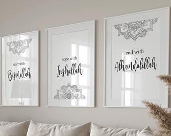 Set of 3 Islam Posters - Bismillah Hope Alhamdulillah - Islamic Wall Art - Pictures Living Room - Wall Decoration - Wall Hanging - Islamic Wall Pictures