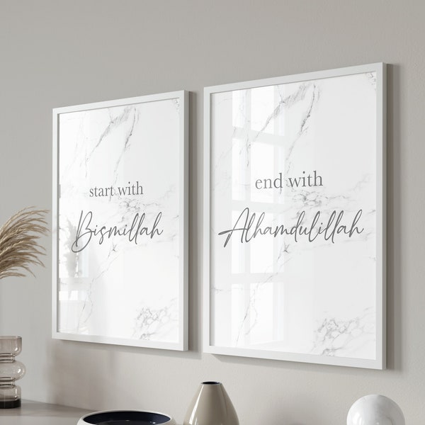 2er Islam Poster Set - Bismillah Alhamdulillah - Islamic Wall Art - Bilder Wohnzimmer - Marmor - Wanddeko - Wandbehang - Plakat - Kunstdruck