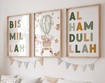3x Personalized Children's Room Posters with Name Letters - Islamic Art - Wall Pictures - Birth Gift - Alhamdulillah Bismillah - Name