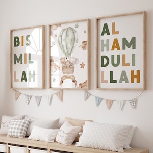 3x carteles personalizados para la habitación de los niños con letras de nombre - arte islámico - cuadros de pared - regalo de nacimiento - Alhamdulillah Bismillah - nombre
