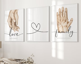 Set of 3 - Personalized posters with names - Family posters - Premium matte photo paper - Wall hanging decoration - Family Baby - Poster art prints