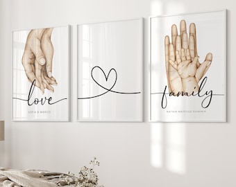 3er Set - Personalisierte Poster mit Namen - Familienposter - Premium Fotopapier Matt - Wandbehang Deko - Familie Baby - Plakat Kunstdrucke