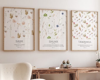 3x Islam Poster Set - Flower - Sabr Shukr Tawakkul Quran Verse - Wall Pictures Islamic Wall Art - Art Prints - Wall Decoration - Pictures Living Room