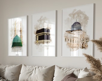 3x Islam Poster Set - Wall Art - Bilder Wohnzimmer Wanddeko - Wandbehang - Plakat - Masjid Nabawi, Kaaba, Al Aqsa - Premium Fotopapier Matt