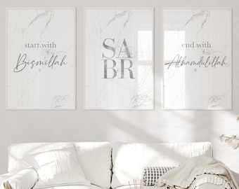 Bismillah Sabr Alhamdulillah – Lot de 3 posters islamiques – Art mural islamique – Images de salon – Marbre – Décoration murale – Décoration murale à suspendre