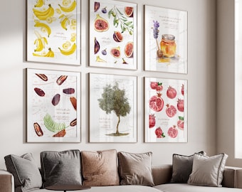 Set of 6 Islamic Art Posters - Quran Verses, Fig, Olive Tree, Pomegranate - Islamic Wall Art Calligraphy - Kitchen Wall Decor - Premium Paper