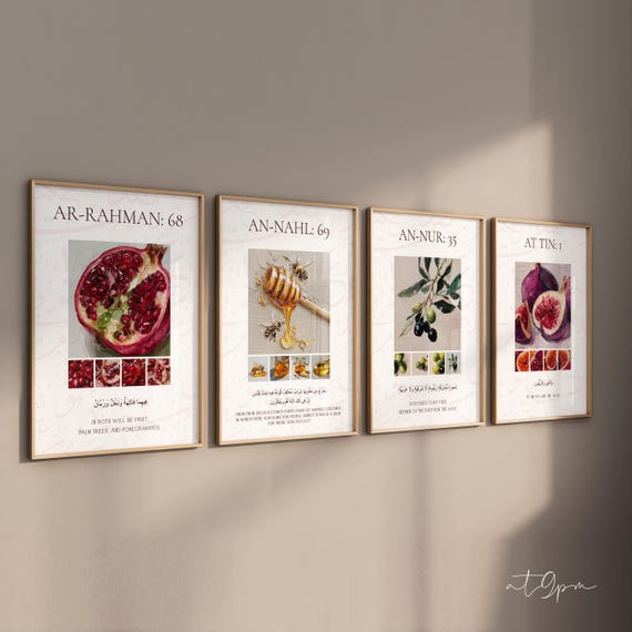 4er Islamic Art Poster Set - Quran Verse Feige Olivenbaum Granatapfel - Islamische Wandbilder Kalligrafie - Wanddeko Küche - Premium Paper