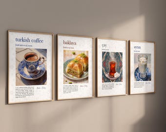 Lot de 4 affiches de cuisine - Impression turque traditionnelle Art mural de bar - Café Cay Thé Baklava Art mural islamique Meubles de maison Papier de qualité supérieure