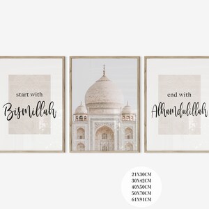 May include: Three framed prints with a beige background. The center print features a photograph of the Taj Mahal in India. The left and right prints feature the text "start with Bismillah" and "end with Alhamdulillah" respectively.