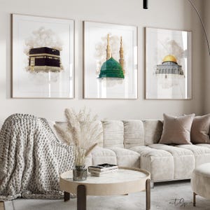 3x Islam Poster Set - Watercolor - Islamic Wall Art - Islamic Wall Art - Art Prints - Wall Decoration - Pictures Living Room - Kaaba Aqsa Nabawi