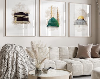 3x Islam Poster Set - Watercolor - Islamic Wall Art - Islamic Wall Art - Art Prints - Wall Decoration - Pictures Living Room - Kaaba Aqsa Nabawi
