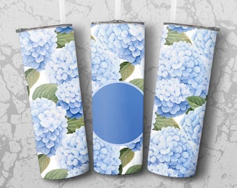 Sublimeringsdesign med blå hortensia-tumbler (digital produkt)