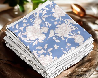 Vintage Floral Periwinkle Blue Custom Napkins, Cottagecore Table Decor, Elegant Peony Bird Kitchen Accessories, Event Dining Linens