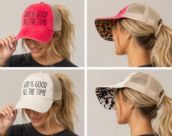 God Is Good Embroidered Ponytail Trucker Hat, Christian Faith Baseball Cap
