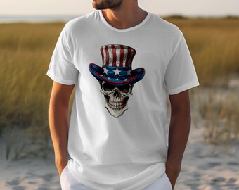 Patriotic Skull T-Shirt, American Flag Hat Skull Design, Unique USA Pride Shirt, Edgy Fourth of July Unisex Tee, Veteran Gift Idea