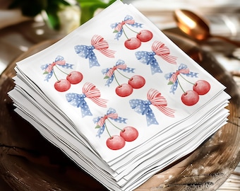 Patriotic Cherry Watercolor Napkins, Americana Table Decor, Summer Party Supplies