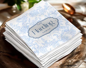 Personalized Toile Luncheon & Beverage Napkins, Custom Family Name Wedding Shower Paper Napkins, Blue Floral Bird Bridal Party Event Decor