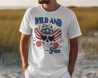 Wild and Free Skull T-Shirt, Patriotic Western Concert Tee, Distressed American Flag Cowboy Hat Shirt, Edgy Festival Graphic Unisex T-Shirt