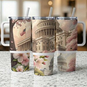 May include: Three stainless steel tumblers with a white lid and a straw. The tumblers feature a design of the US Capitol building with cherry blossoms and an American flag.