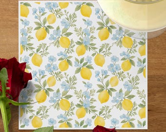 Lemon Blue Floral Luncheon Napkins, Watercolor Botanical Party Decor, Cottagecore Summer Bridal Shower