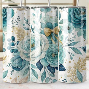 Teal Floral Tumbler Design, Sublimation PNG File, Watercolor Flower Pattern, Digital Download for Straight Tapered Tumblers