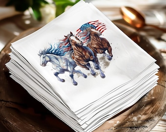 Patriotic Horse Custom Napkins, American Flag Kitchen Accessories, Elegant Equestrian Table Decor, 4th of July Party Napkins, Ranch Decor