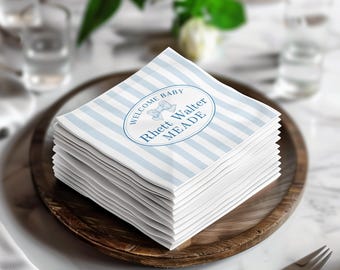 Personalized Baby Boy Shower Napkins, Blue Stripes Watercolor Bow Custom Name Party Decor
