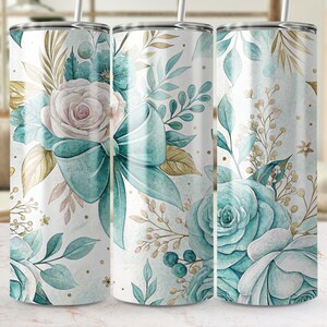 Teal Floral Tumbler, Digital Download, PNG File, Sublimation Design, Straight Tapered, Commercial Use, Watercolor Flowers, Tumbler Design