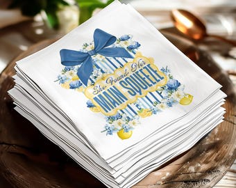 She Found Her Main Squeeze Napkins, Blue Lemon Floral Bridal Shower Table Decor