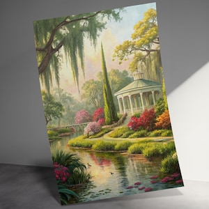 Malerischer Garten Kunstdruck, Gazebo in blühendem Garten Poster, Natur inspirierte Wanddekoration, ruhige Gartenlandschaft mit Blick auf das Wasser