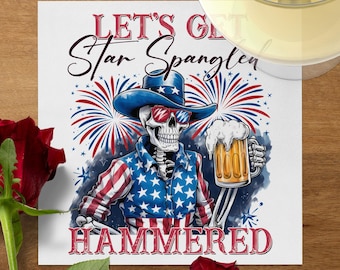 Funny 4th of July Paper Napkins | Star Spangled Hammered Skeleton Beer Party Decor | Patriotic Summer BBQ Guest Towels