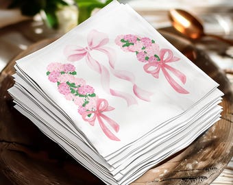 Pink Bow Hydrangea Paper Napkins | Coquette Cottagecore Table Decor for Bridal Shower, Elegant Event Napkin
