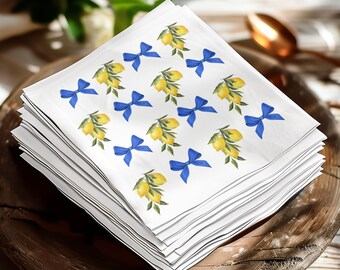 Watercolor Lemon Blue Bow Paper Napkins, Italian Summer Kitchen Accessories & Chic Table Decor Hostess Gift