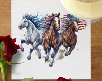 Patriotic Horses Napkins, American Flag Equestrian Party Decor, 4th of July Tableware
