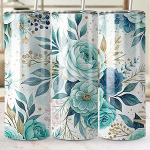 Teal Floral Tumbler PNG, Flower Tumbler Design, Digital Download, Sublimation Design, Straight, Tapered, Seamless Pattern