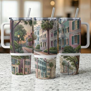 Digital Charleston Rainbow Row Tumbler Design, 40 oz Tumbler Wrap, Pastel Row Houses, Southern Charm PNG, Sublimation Tumbler Wrap