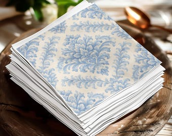 Blue Damask Luncheon Beverage Napkins, Elegant Floral Party Supplies, Vintage Bridal Shower
