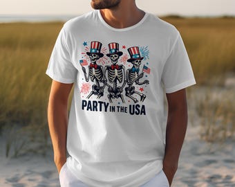 Party in the USA Skeleton T-Shirt | Funny 4th of July Tee | Patriotic Dancing Skeletons Shirt | Independence Day Uncle Sam Flag Tee Gift