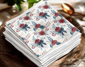 Red Blue Rose Floral Napkins | Watercolor Faux Gold Stars Party Decor Hostess Gift