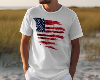 Distressed American Flag T-Shirt, Watercolor USA Flag Patriotic Tee, Grunge Rustic Vintage Style Unisex Graphic Shirt, 4th of July Gift
