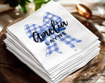 Personalized Blue Gingham Bow Napkins, Coquette Bridal Shower Decor